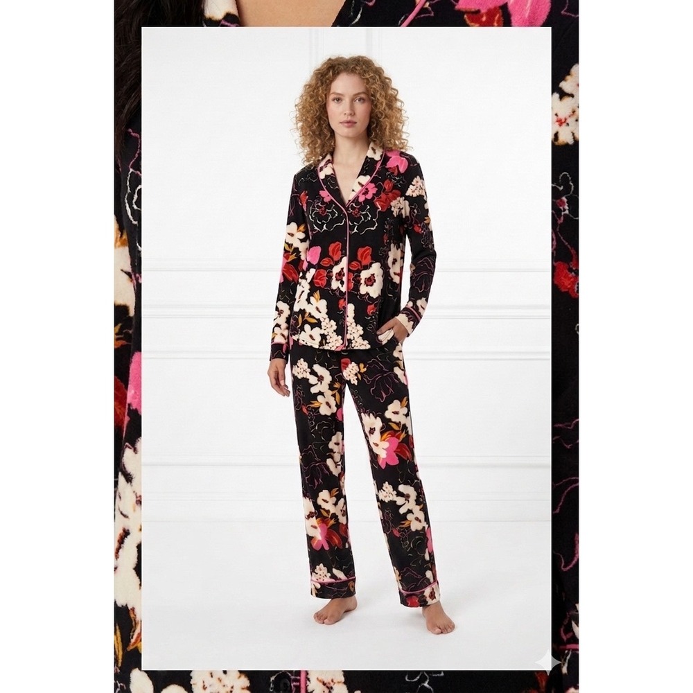 NWT Room Service Pajama Set Womens XXL Black Pink Floral Shawl‎ Collar 1730042